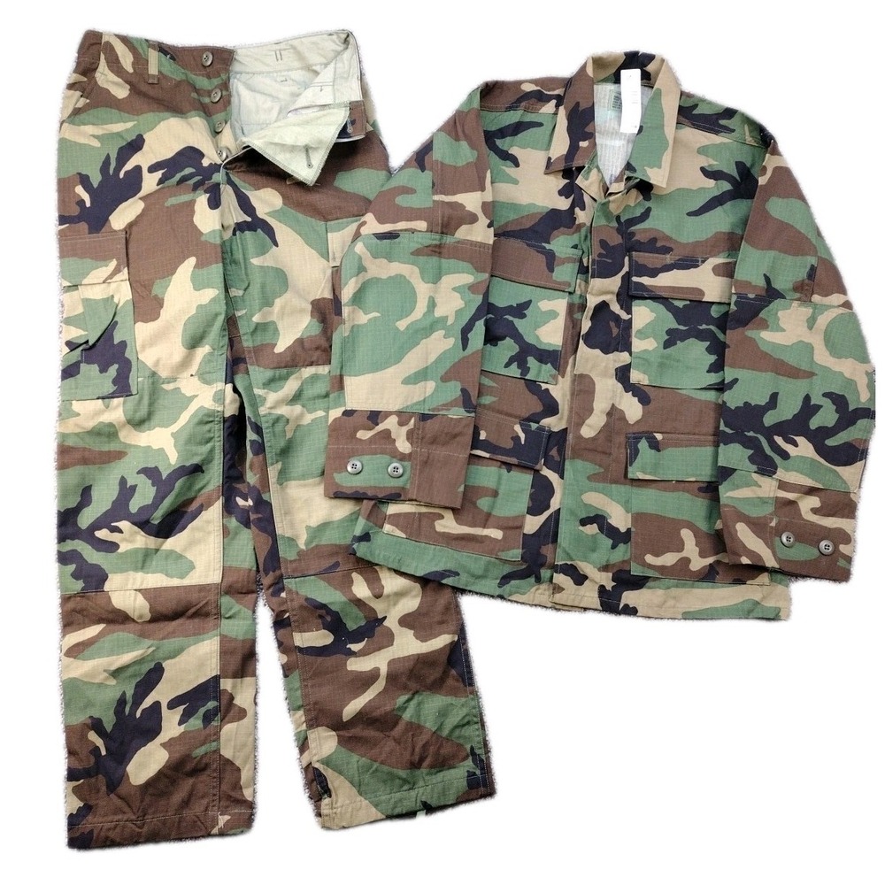 Vintage BDU Uniform WOODLAND Camo SET Combat Shirt Pant Hot Weather XS-S NWT NOS